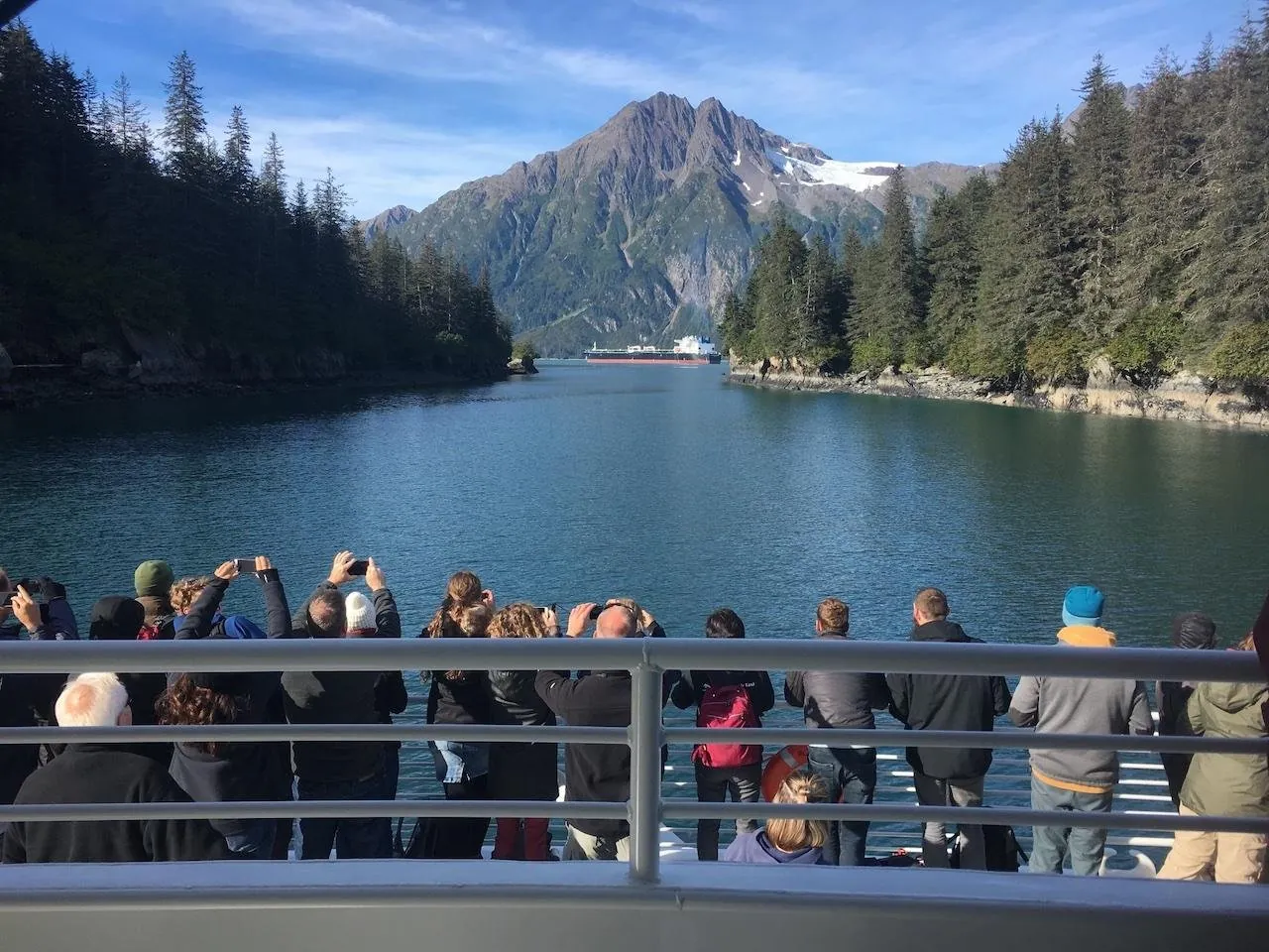 A full deck rail of passengers looking up a forested inlet toward a mountain