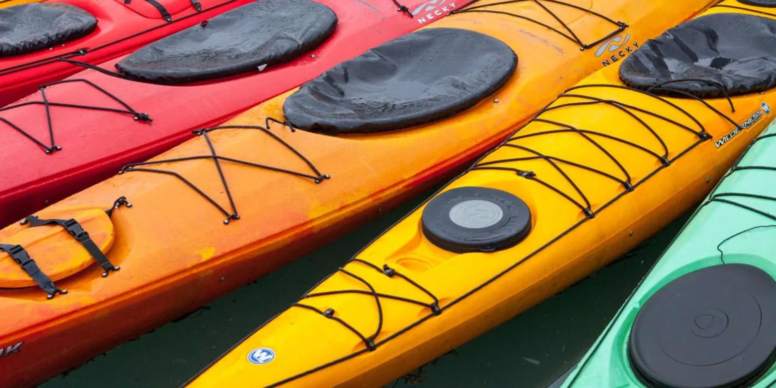 Sea kayaks lined up on the shore before the paddle out to the glacier